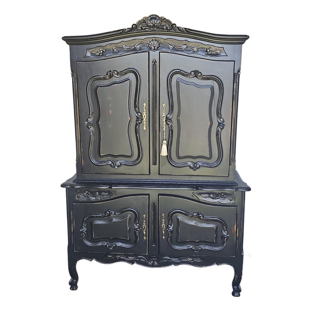 1920s Wardrobe Cabinet, Armoire, Black Distressed Style, French , Farm House Style For Sale