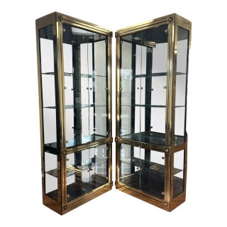 1990s Mastercraft Vitrines Neo-Classical Tall Brass Lighted Curio Display Cabinets-A Pair For Sale
