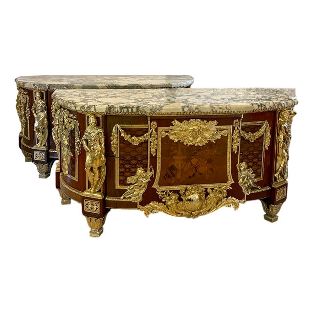 Antique Louis XVI Style of Mahogany, Fruitwood Marquetry & Gilt Bronze Mounted Commodes after the Original by Jean-Henri Riesener, 1900s, Set of 2 For Sale