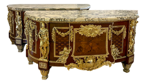 Antique Louis XVI Style of Mahogany, Fruitwood Marquetry & Gilt Bronze Mounted Commodes after the Original by Jean-Henri Riesener, 1900s, Set of 2