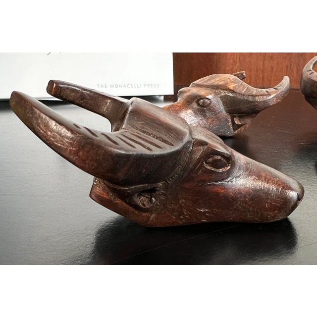 Mid-Century Modern Vintage 1950's Water Buffalo / Bull Head Carved Wood Napkin Rings - Set of 6 For Sale - Image 3 of 9