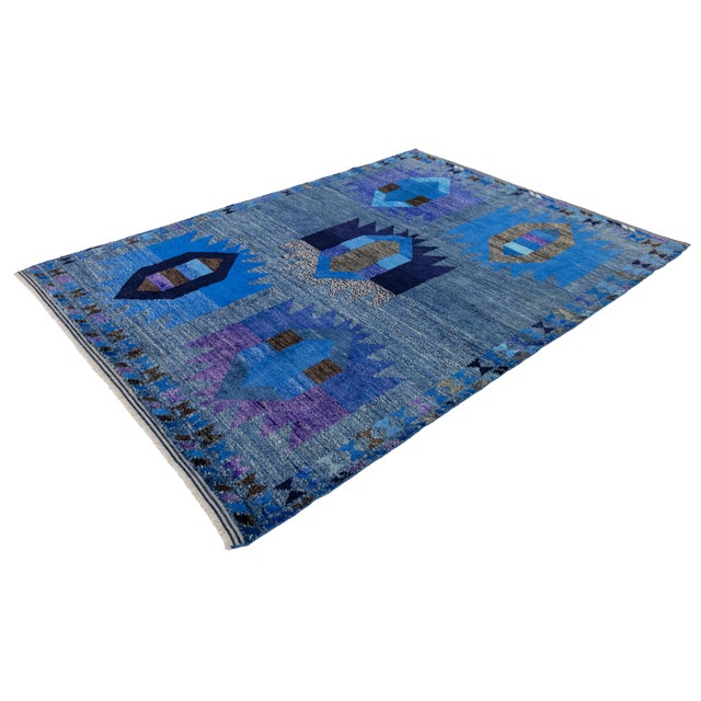 Modern Abstract Baluch Style Blue Wool Area Rug – Geometric Tribal Design 6x8 For Sale - Image 4 of 11