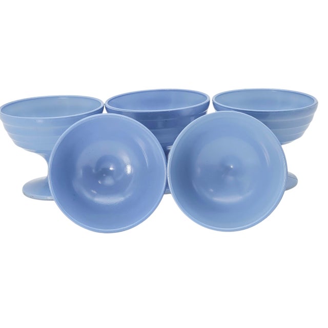 Hazel Atlas Moderntone Platonite Blue Sherbet Bowls, Set of 5 (1930s–40s) For Sale In San Francisco - Image 6 of 10