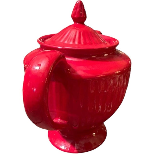 Ceramic Vintage Hall Pottery Red Ribbed Tea Pot, Usa For Sale - Image 7 of 11