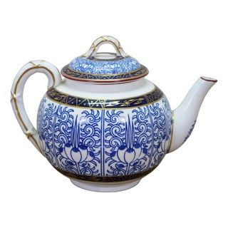 1880 Antique Old Worcester Porcelain Queens Royal Lily Blue & White Teapot 7" For Sale