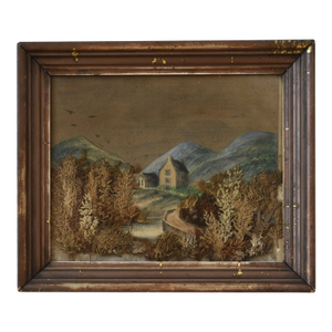 Antique Watercolor Homestead Mixed Media Collage, Circa Late 19th Century