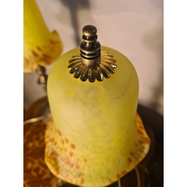 Gold Art Deco Brass Bedside Lamps with Yellow Glass Paste Shades, 1930s, Set of 2 For Sale - Image 8 of 10