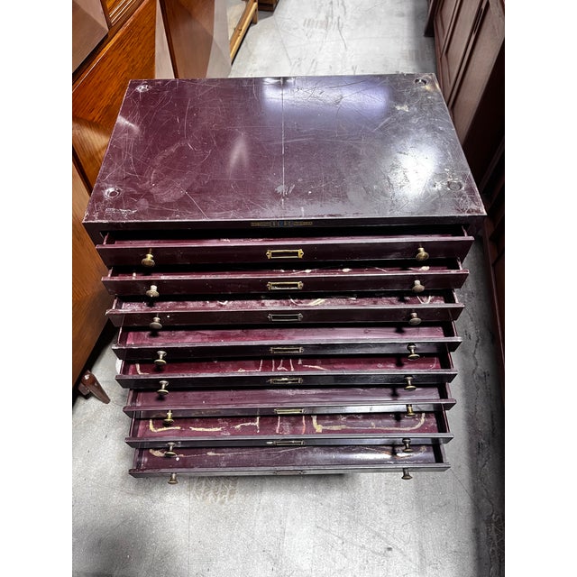 American Antique Metal Eight Drawer Watchmaker’s Cabinet or Storage Drawers | E & J Swigart Co + Fancy Crystals B & B For Sale - Image 3 of 12