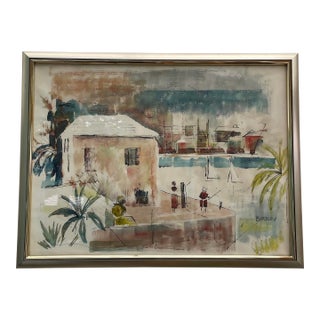 1960s Bermuda Bay by Alfred Birdsey, Bermudan Watercolorist, Mid-Century Caribbean Port, Hamilton, St Georges For Sale