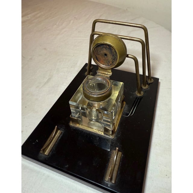 Black Antique Black Glass Bronze Brass Desk Inkwell Jar Letter Pen Holder Stand For Sale - Image 8 of 10