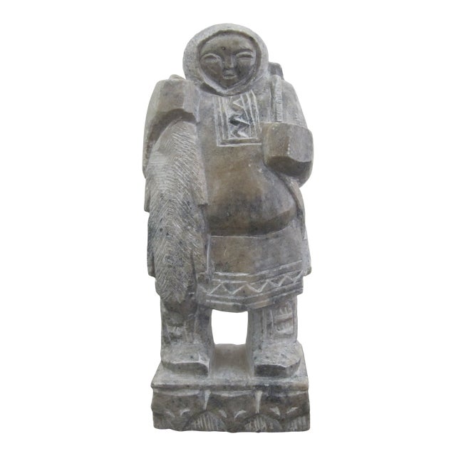 Canada Inuit Hand Carved Soapstone Hunter With Beaver Catch Figurine Sculpture For Sale