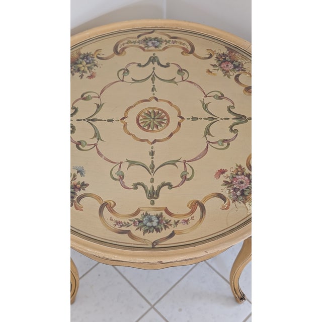 Shabby Chic Vintage Handpainted Italian Design Toleware Round Coffee Table For Sale - Image 3 of 12