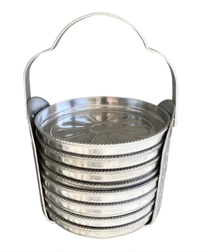 Mid 20th-Century Cast Aluminum Daisy Coaster & Matching Caddy Set – 9- Pieces