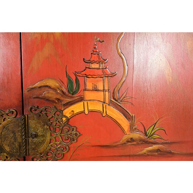 Hollywood Regency Chinoiserie Red Lacquered Hand Painted Bookcase or Bar Cabinet, Circa 1920s For Sale - Image 9 of 17