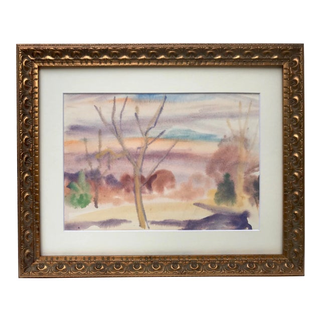 Vintage Mid Century Modern Watercolor Landscape by M. Slenker For Sale