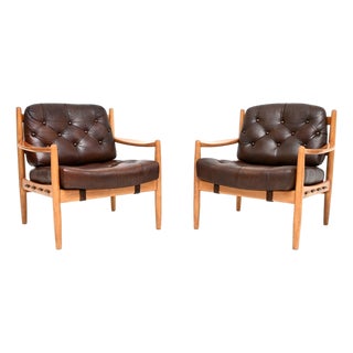 Vintage Swedish Leather and Birch Armchairs by Ingemar Thillmark for OPE, 1960s, Set of 2 For Sale