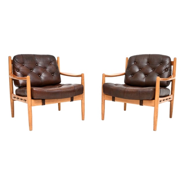 Vintage Swedish Leather and Birch Armchairs by Ingemar Thillmark for OPE, 1960s, Set of 2 For Sale