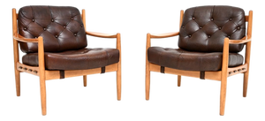 Vintage Swedish Leather and Birch Armchairs by Ingemar Thillmark for OPE, 1960s, Set of 2