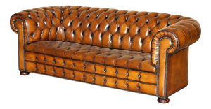 Vintage Art Deco Hand Dyed Fully Whisky Brown Leather Chesterfield Sofa