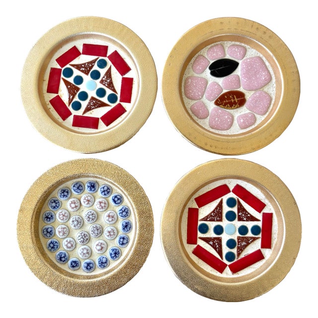 1950s Mid-Century Modern Mosaic, Tile, Coasters, and Gold Medal Base Set of 4 For Sale