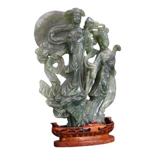 Antique Jadeite Sculpture of Two Women With Moon & Clouds For Sale