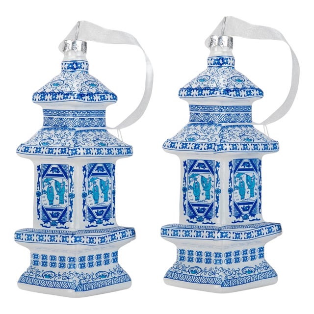 Chinoiserie Blue & White Pagoda Christmas Tree Glass Ornament - A Pair For Sale