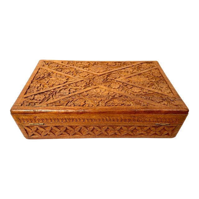 Mid 20th Century Vintage Carved Wood Humidor Box For Sale