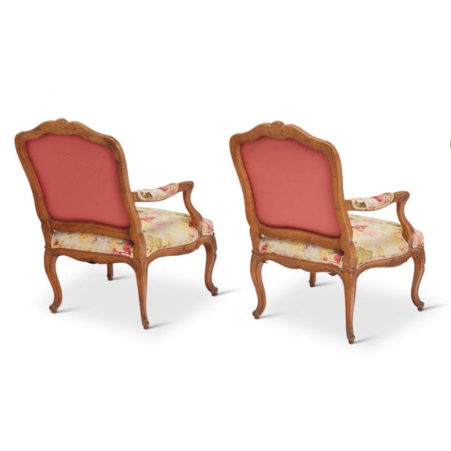 Ralph Lauren Pair of Antique Louis XV Carved Walnut Fauteuils Arm Chairs W Ralph Lauren Floral For Sale - Image 4 of 5