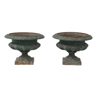 Pair Green Cast Iron Urns, France Early 20th C. For Sale