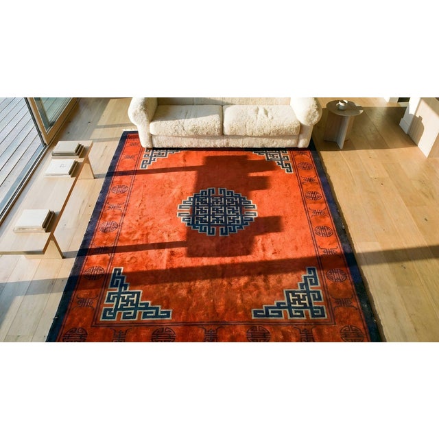 Strikingly Lovely Red Ground Color in a Greek Key Style Antique Chinese Mongolian Rug For Sale - Image 10 of 10