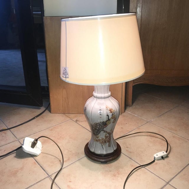 Mid-Century Modern Japanese Ceramic Table Lamp with Peacock Motif For Sale - Image 3 of 18
