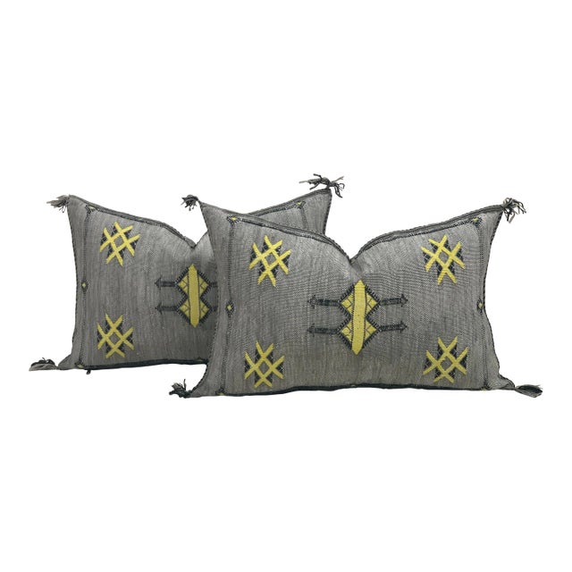 Gray Handmade Cactus Silk Pillow Covers - a Pair For Sale