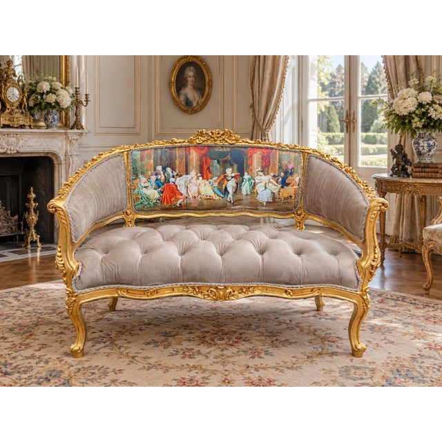 Tan 1975 French Artisan Louis XVI Gold Velvet Settee For Sale - Image 8 of 8