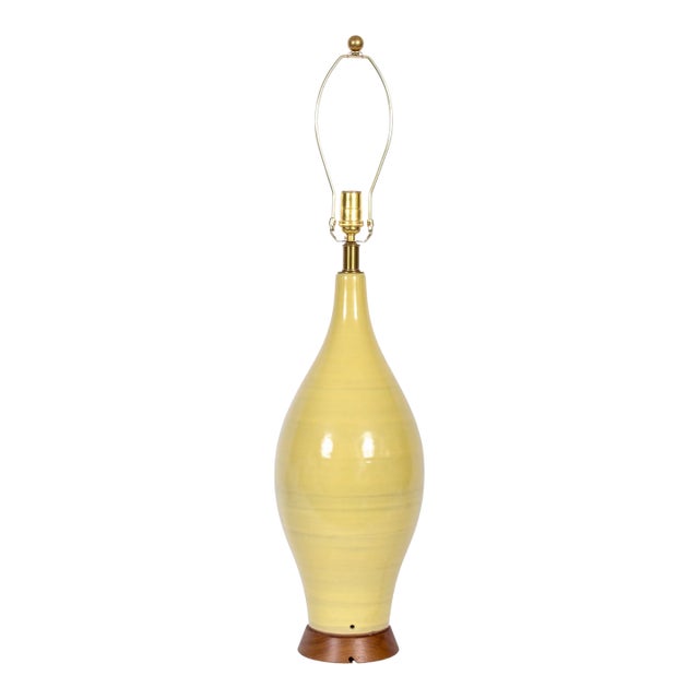 Mid 20th Century Design-Technics Style Yellow Banded Art Pottery Table Lamp For Sale