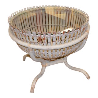 Franco Albini Style Weathered Gray Fish Basket Wicker Rattan Bamboo Glass Top Table For Sale