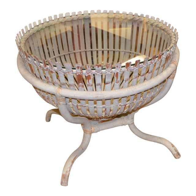 Franco Albini Style Weathered Gray Fish Basket Wicker Rattan Bamboo Glass Top Table For Sale