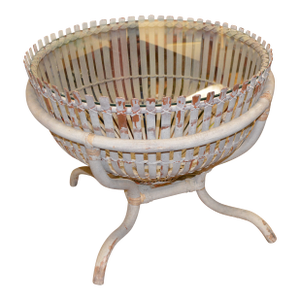 Franco Albini Style Weathered Gray Fish Basket Wicker Rattan Bamboo Glass Top Table