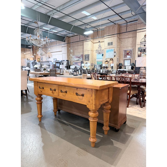 Farmhouse Late 20th Century Country English Farmhouse Pine Console Table With Turned Legs and Brass Hardware For Sale - Image 3 of 11