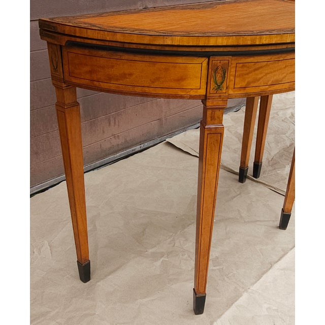 Late 18th Century Late 18th Century Pair of George III Floral Wreath Painted Crossbanded Satinwood Demilune Card Tables For Sale - Image 5 of 18