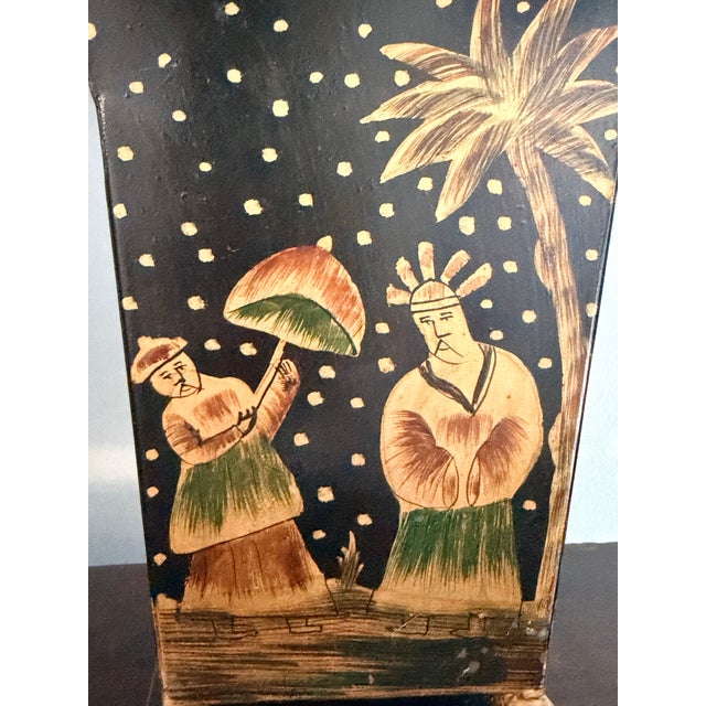 Metal Pair Vintage Chinoiserie Tole Covered Urns For Sale - Image 7 of 13