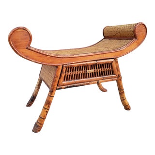 English Colonial Style Chinoiserie Bamboo & Rattan Bench For Sale