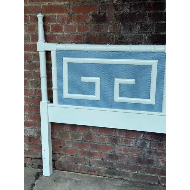 Chic Vintage Palm Beach Regency Faux Bamboo King Size Headboard With Greek Key Motif - Newly Painted French Blue and White For Sale - Image 6 of 11