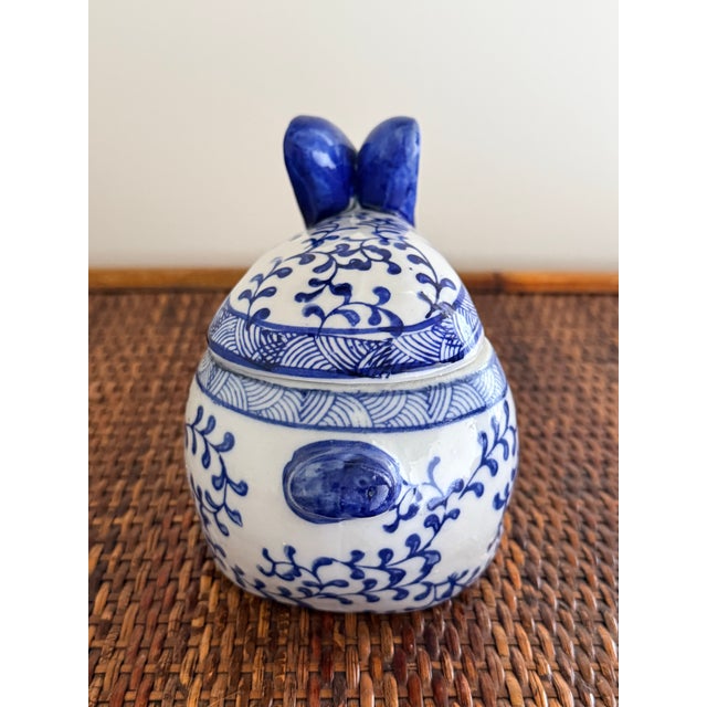 Chinoiserie Vintage Blue and White Floral Bunny Rabbit Lidded Ceramic Box For Sale - Image 3 of 9