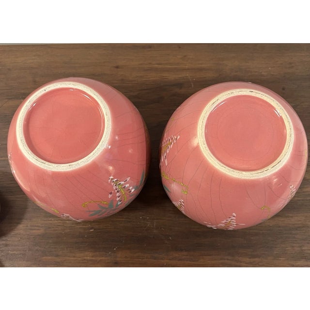 Mid-Century Modern Vintage Chinese Porcelain Hand Painted Ginger Jars With Lid-Set of 2 For Sale - Image 3 of 7