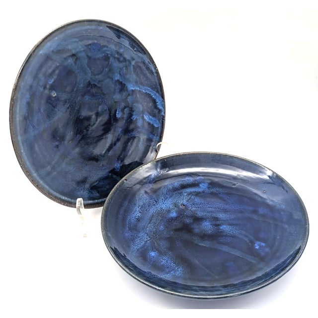 Ink Blue Vintage Wheel Thrown Studio Pottery Glazed Stoneware Plates, a Pair For Sale - Image 8 of 12