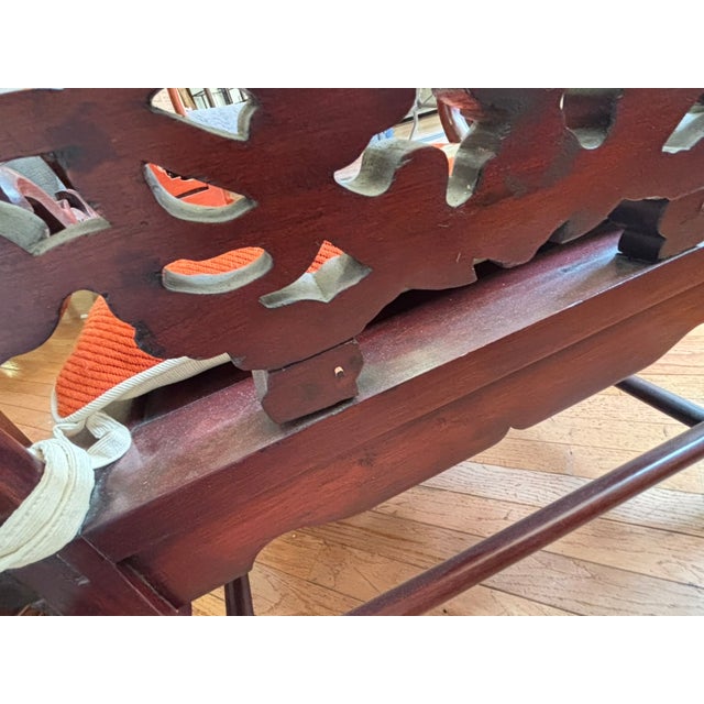 Pair of Mid Century Chinese Asian Rosewood Arm Chairs With Matching Dream Stone (Marble) Inserts, Elaborate Carving, Needlepoint Seat Cushions For Sale - Image 16 of 18