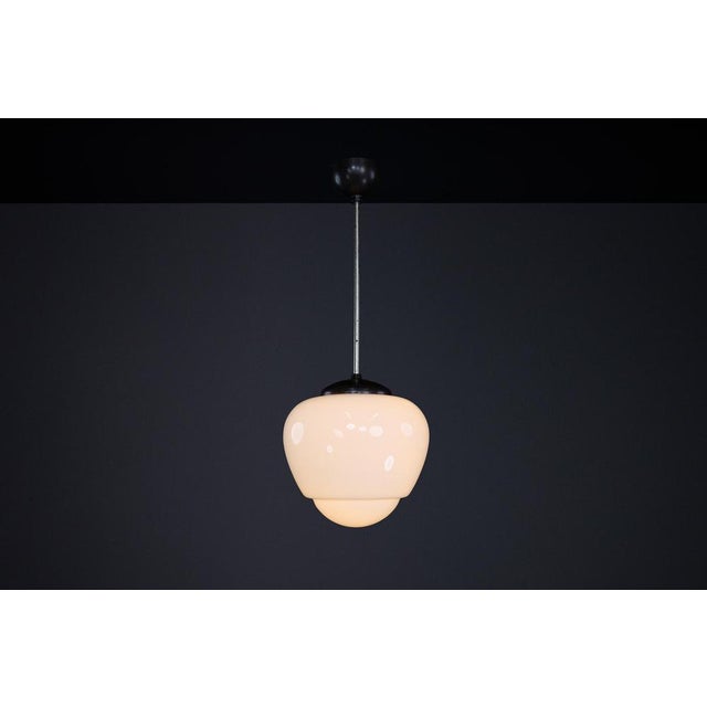 Black Bauhaus Opaline and Bakelite Pendant Lamp, Czech Republic, 1950s For Sale - Image 8 of 9