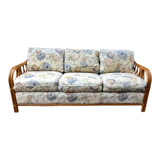 1980s Lane Venture Rattan Floral Upholstered Sofa For Sale