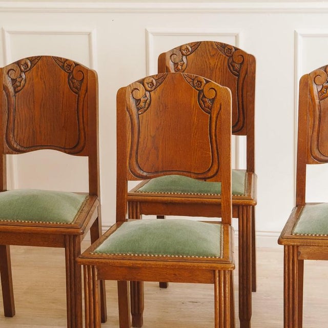 Art Deco Chairs in Oak and Green Velvet, 1920s, Set of 4 For Sale - Image 9 of 11