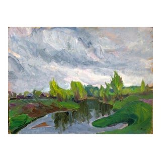 1970s Ukrainian Impressionism River Landscape Painting, Original Soviet Art 60-79,5 For Sale